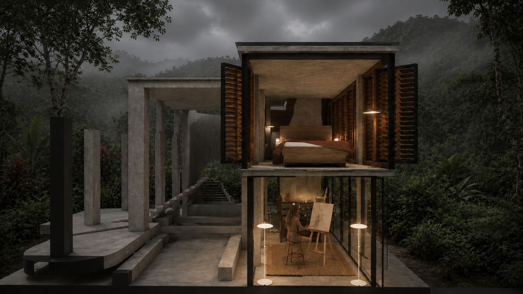 Casa tres pisos exterior nocturno
